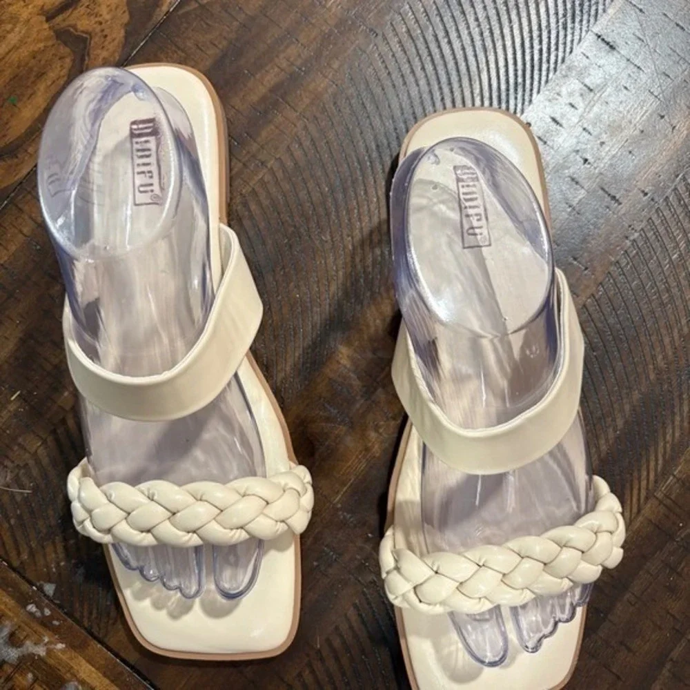 Women's 10‎ Cream Braided Strap Square Toe Flat Sandals New